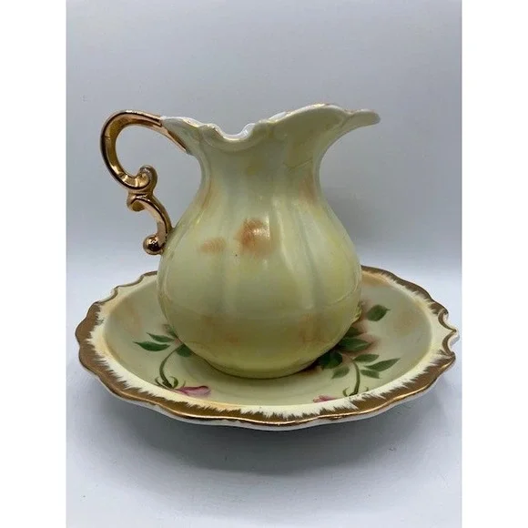VTG Floral Pitcher/Bowl Wash Basin‎ Set Roses Gold Trim by Lefton China 6" Japan - Picture 2 of 8